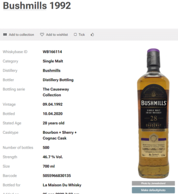 obrázek Bushmills 1993 Causeway Collection 28 let